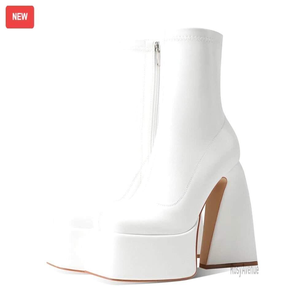 Women's Platform Boots Chunky Heel Square Toe Side Zipper Mid Calf